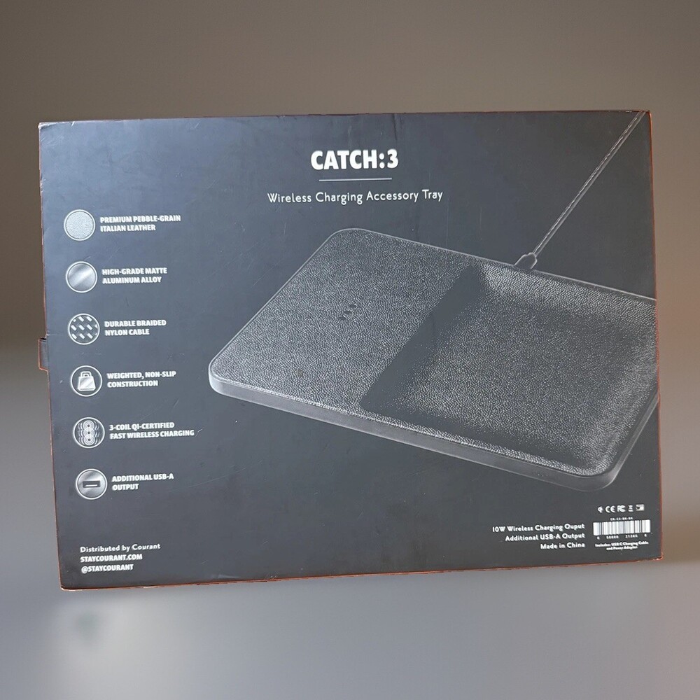 Courant Catch:3 Qi Wireless Charging Accessory Tray - Black Leather New